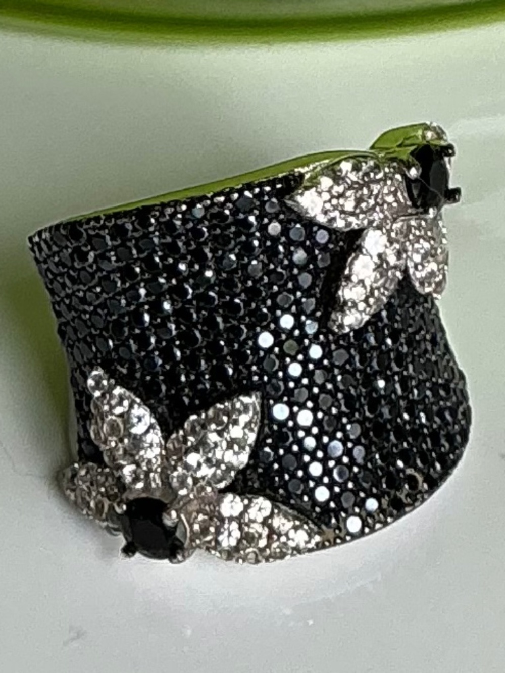 Micro Pave Black Spinel & White CZ Flower Sterling Silver Domed Ring Size 5.75 - Picture 10 of 16